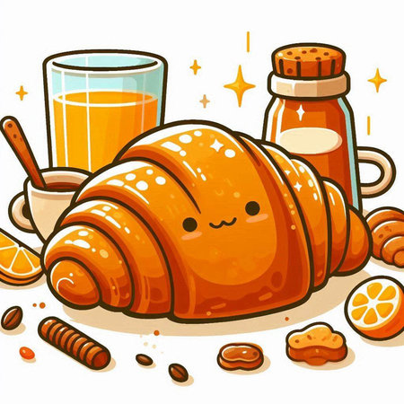 Cute cartoon croissant with coffee and orange juice. Vector illustration.のイラスト素材