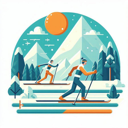Man and woman skiing in the mountains. Flat style vector illustration.のイラスト素材