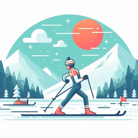 Cross-country skiing in the mountains. Vector illustration in flat styleのイラスト素材