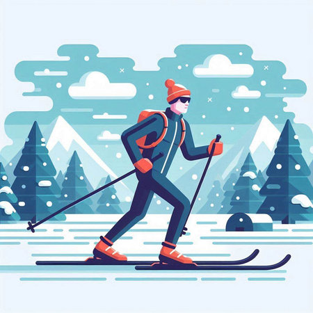 Man skiing in the mountains. Winter sport. Flat vector illustration.のイラスト素材