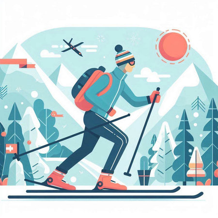 Vector illustration of a man skiing in the mountains. Flat style design.のイラスト素材