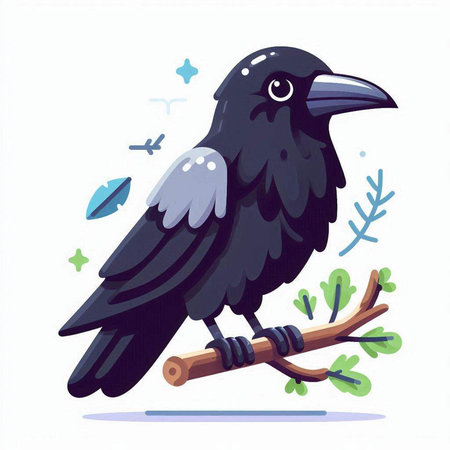 Crow sits on a tree branch. Vector illustration in cartoon style.のイラスト素材