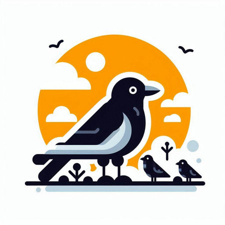 Vector illustration of a crow on the background of the sun and birds.のイラスト素材