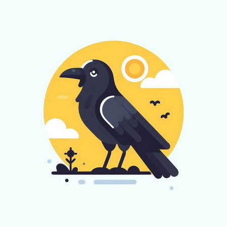 Crow in the field. Vector illustration of a flat style.のイラスト素材