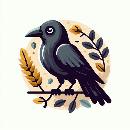 Crow on the branch with leaves. Vector illustration in cartoon style.のイラスト素材