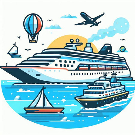 Cruise ship, air balloon and ship in the sea. Vector illustrationのイラスト素材