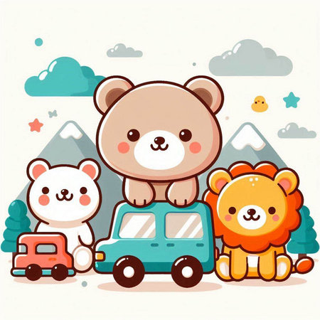 Cute bear and lion on the car. Vector cartoon illustration.のイラスト素材