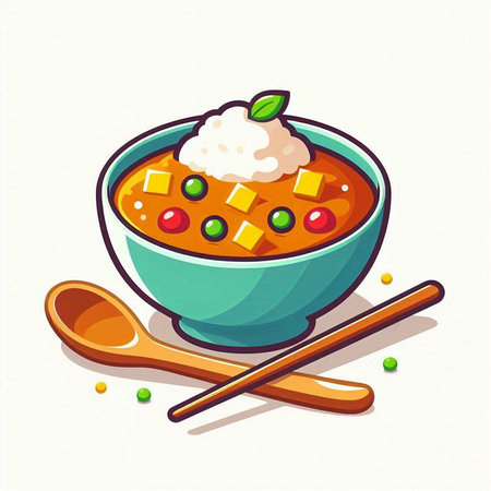 Illustration of a bowl of spicy curry with rice and chopsticksのイラスト素材