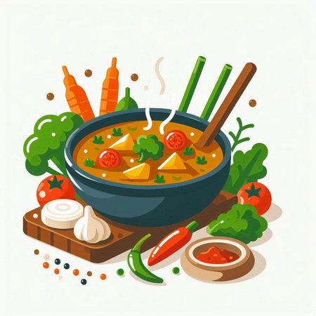 Vector illustration of a bowl of soup with carrot, onion, parsley, tomato and garlic.のイラスト素材
