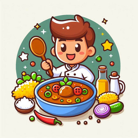 Cartoon boy cooking meatballs with vegetables and spices. Vector illustrationのイラスト素材