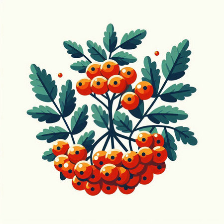 Bunch of rowan berries with green leaves. Vector illustration.のイラスト素材