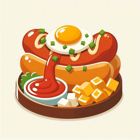 Illustration of a hot dog with ketchup, cheese and eggのイラスト素材