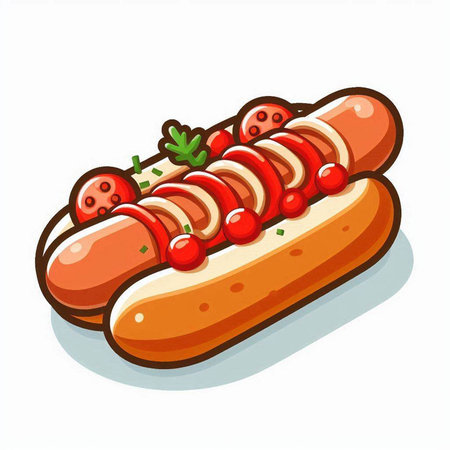 Hot dog with ketchup on a white background. Vector illustration.のイラスト素材