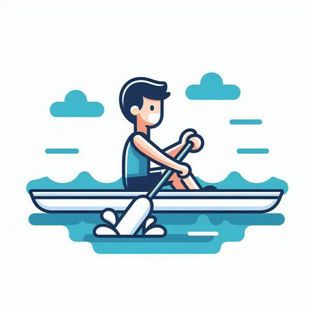 Man rowing on a small boat. Flat style vector illustration.のイラスト素材