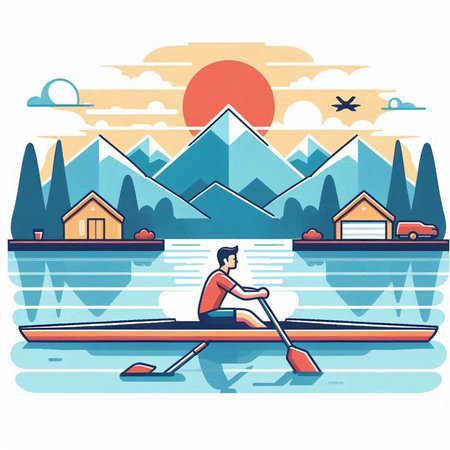 Man rowing on a lake in the mountains. Vector illustration.のイラスト素材