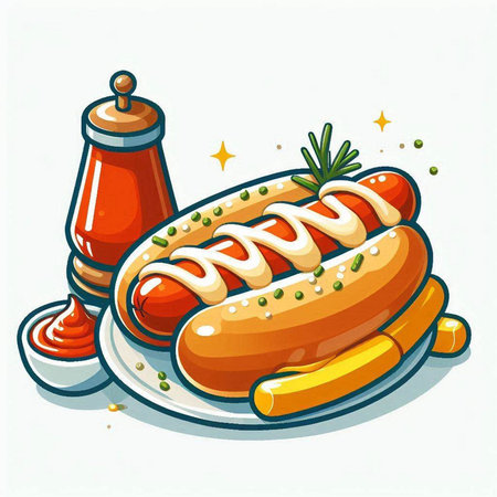 Hot dog with mustard, ketchup, pepper and rosemary. Vector illustration.のイラスト素材