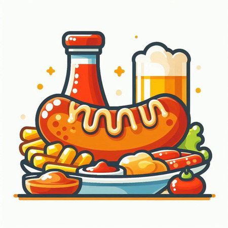 Vector illustration of hot dog with french fries and beer on plate.のイラスト素材