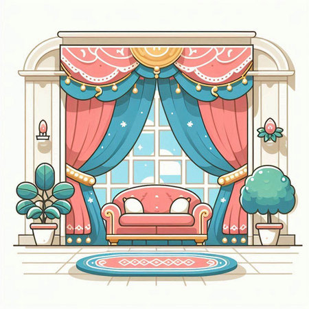 Vector illustration of a room with a window, a sofa and flowers.のイラスト素材