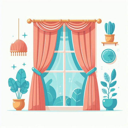 Window with curtains and plants. Vector illustration in flat cartoon style.のイラスト素材
