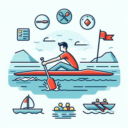 Vector illustration of a man rowing on a kayak in the sea. Line art design for web, site, advertising, banner, poster, board and print.のイラスト素材