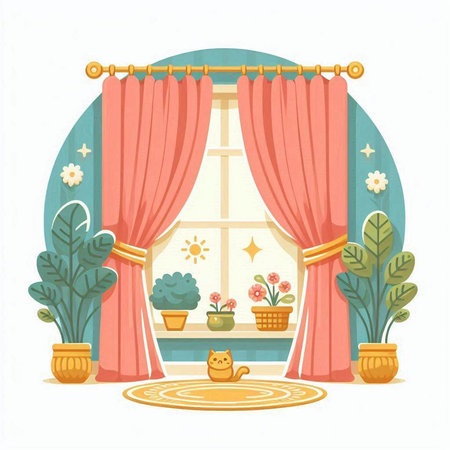 Vector illustration of a window with a red curtains, flowers and a catのイラスト素材