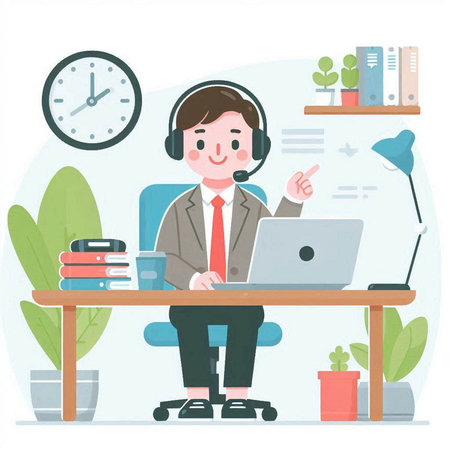 Call center operator with headset and laptop in office. Vector illustration.のイラスト素材