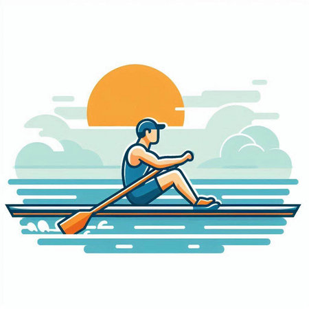 Man rowing on a boat. Vector illustration in flat style.のイラスト素材