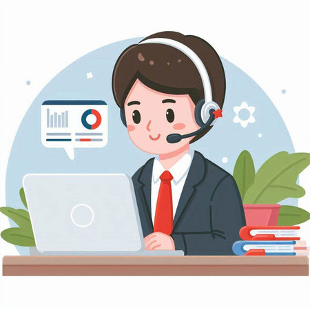 Call center operator with headset and laptop. Flat design vector illustration.のイラスト素材
