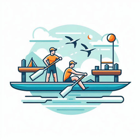 Fishermen rowing on a boat. Vector illustration in flat styleのイラスト素材