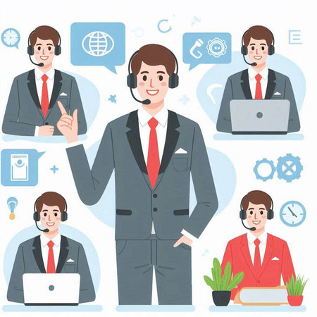 Call center. Vector illustration in flat cartoon style. Businessman with headset, laptop, computer, phone.のイラスト素材