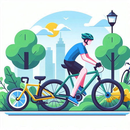 Cyclist riding bicycle in city park. Flat style vector illustration.のイラスト素材