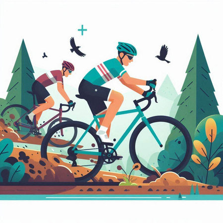 Cyclists in the forest. Vector illustration in flat style.のイラスト素材
