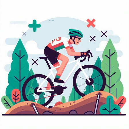 Cyclist riding a bicycle in the park. Flat vector illustration.のイラスト素材