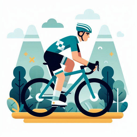 Cyclist on the road in the forest. Flat vector illustration.のイラスト素材