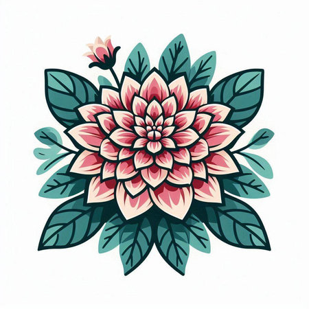 Dahlia flower with leaves. Hand drawn vector illustration on white background.のイラスト素材