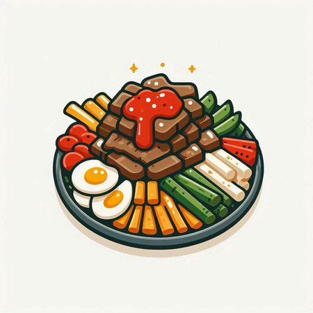 Illustration of a plate of grilled beef with vegetables and ketchupのイラスト素材