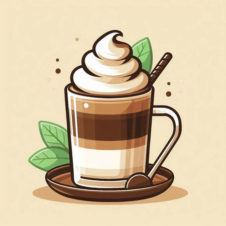Coffee cup with whipped cream and coffee beans. Vector illustration.のイラスト素材