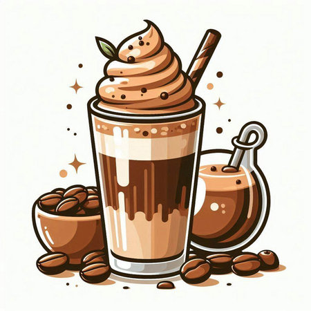 Coffee latte with whipped cream and coffee beans. Vector illustration.のイラスト素材
