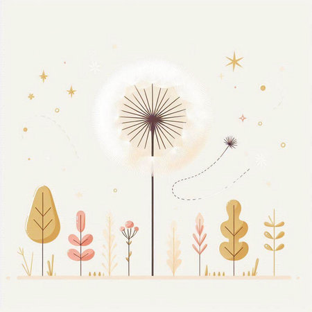dandelion on a background of trees and stars. vector illustrationのイラスト素材