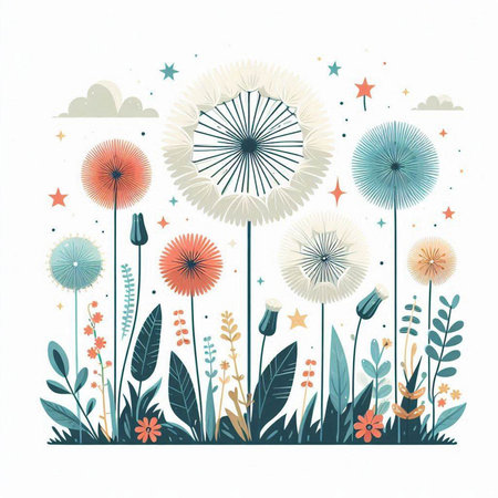 Flower background with dandelions. Hand drawn vector illustration.のイラスト素材
