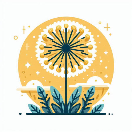Dandelion flower on the background of the moon. Vector illustration.のイラスト素材