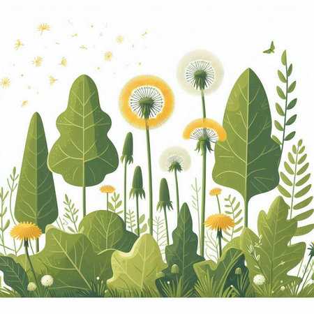 Dandelion background with grass and dandelions. Vector illustration.のイラスト素材