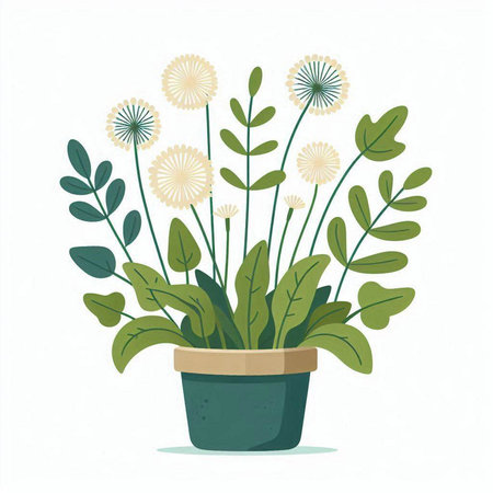 Flowerpot with dandelions on white background. Vector illustration.のイラスト素材