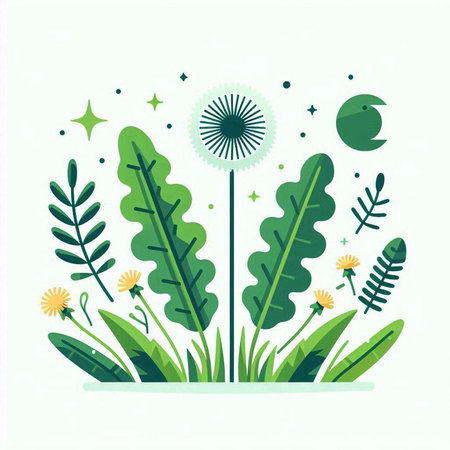 Vector illustration of leaves, dandelions, dandelion and bird.のイラスト素材