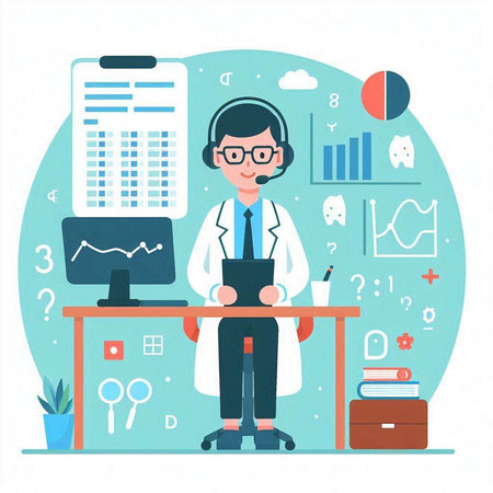 Male doctor sitting at the desk with a tablet. Flat style vector illustration.のイラスト素材