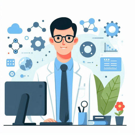 Male doctor in medical gown and glasses working at computer. Vector flat illustrationのイラスト素材