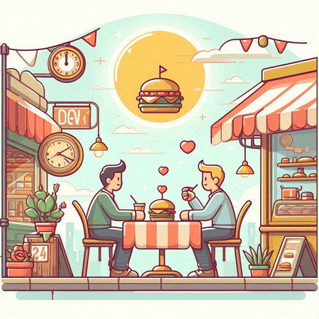 Restaurant vector illustration in flat cartoon style. Two men sitting at the table in cafe and eating burgers and drinks.のイラスト素材