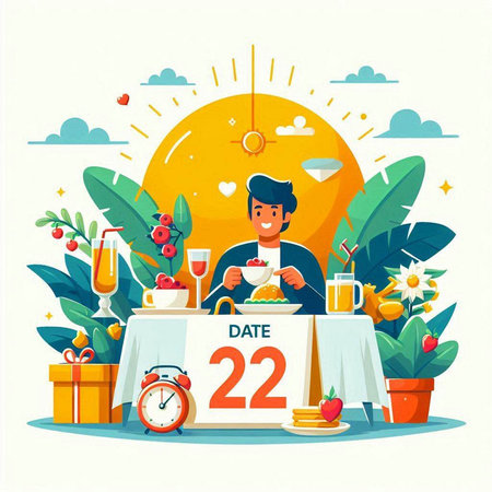 Daylight Saving Time (DST). Young man is having breakfast in the morning. Vector illustration.のイラスト素材