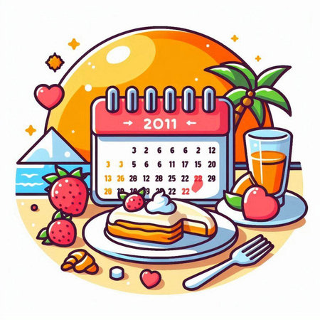 Vector illustration of a healthy breakfast in the flat style with a calendar and fruitsのイラスト素材
