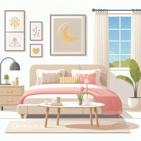 Bedroom interior with bed, coffee table, pillows, nightstand, plants and posters. Vector illustration.のイラスト素材